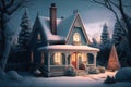 Cute cozy snowy winter house Holiday Christmas Cottage Generative AI Royalty Free Stock Photo