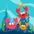 Crabs and cute fish swimming under the sea. Vector illustration