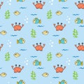 Cute Crab and fishes Seamless Pattern, Cartoon Hand Drawn Animal Doodles Vector Illustration Background