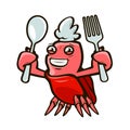 Cute crab holding a fork and a spoon. Seafood, cartoon vector illustration