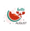 Cute crab on a ripe watermelon. Hello August. Royalty Free Stock Photo