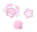 Cute crab and seashell icon, flat, cartoon style. Isolated on white background. Vector illustration. Royalty Free Stock Photo