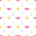 Cute crab with starfish and anchor on white background, vector seamless pattern Royalty Free Stock Photo