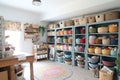 cute craft room with baskets, bins, and bins filled with yarns and fabrics