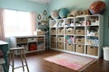 cute craft room with baskets, bins, and bins filled with yarns and fabrics