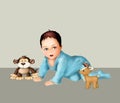 Cute crawling baby and toys cute boy , greeting card, postcard , baby child illustration , human, life,