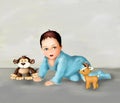 Cute crawling baby and toys , cute boy , greeting card , postcard , baby child illustration , human, life,