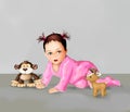 Cute crawling baby and toys , cute girl greeting card, postcard, baby child illustration , human , life,