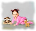 Cute crawling baby and toys cute baby girl greeting card , postcard baby child illustration , human life,