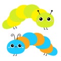 Cute crawling catapillar bug. Caterpillar insect icon set. Cartoon funny kawaii baby animal character. Colorful bright blue green Royalty Free Stock Photo