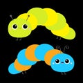 Cute crawling catapillar bug. Caterpillar insect icon set. Cartoon funny kawaii baby animal character. Colorful bright blue green Royalty Free Stock Photo