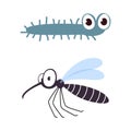 Cute Crawling Caterpillar and Flying Mosquito as Garden Bug Vector Set