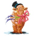 Cute Crazy Calf with Hat and Bow - Watercolor Illustration