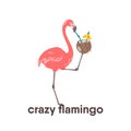 Cute crazy flamingo drinking a coconut cocktail