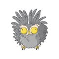 Cute crazy owl. Cartoon hand drawn clip art. Surprised night owl in kids style