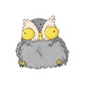 Cute crazy owl. Cartoon hand drawn clip art. Surprised night owl in kids style