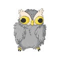 Cute crazy owl. Cartoon hand drawn clip art. Surprised night owl in kids style Royalty Free Stock Photo