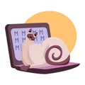 Cute cream cat with a swirl tail sitting on a laptop, warm yellow background. Cartoon feline blocking keyboard