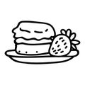 Cute cream tea pastry scone with cream and strawberry clipart. Hand drawn traditional cafe. Pastisserie fruit lineart in flat