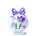 Cute creative gift in the form of transparent glass ball with crocuses in the snow isolated on white background. Vector