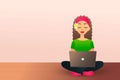 Cute creative girl sits on the wooden floor and studies with laptop. Beautiful cartoon girl using notebook. Female