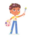 Cute creative little painter holding paint brush and palette to draw vector illustration. Cartoon isolated boy with