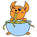 Cute creature is enjoying eating the noodles from the bowl, doodle kawaii. doodle icon image