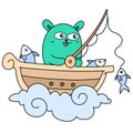 Cute creatures fishing on the boat doodle kawaii. doodle icon image