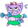 Cute creatures practicing barbell lifting gym, doodle kawaii. doodle icon image
