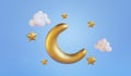 Cute crescent moon and stars on blue background. 3D render