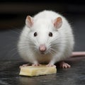 Cute critter close up of white tame rat with cheese