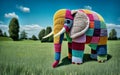 A cute crocheted patchwork elephant in fully crocheted landscap