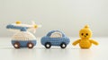 Cute crocheted toys, plane, car, chick Royalty Free Stock Photo