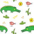 Cute Crocodile or Alligator with little bird Seamless Pattern, Cartoon Hand Drawn Animal Doodles Vector Illustration background Royalty Free Stock Photo