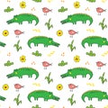 Cute Crocodile or Alligator with little bird Seamless Pattern, Cartoon Hand Drawn Animal Doodles Vector Illustration background Royalty Free Stock Photo