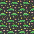 Cute Crocodile or Alligator with little bird Seamless Pattern, Cartoon Hand Drawn Animal Doodles Vector Illustration background Royalty Free Stock Photo