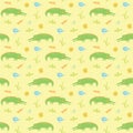Cute Crocodile or Alligator with little bird Seamless Pattern, Cartoon Hand Drawn Animal Doodles Vector Illustration background