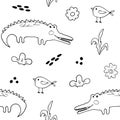 Cute Crocodile or Alligator with little bird Seamless Pattern, Cartoon Hand Drawn Animal Doodles Vector Illustration background Royalty Free Stock Photo