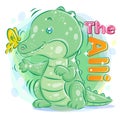 Cute Crocodile or Alligator playing with Butterfly.Colorful Cartoon Illustration