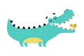 Cute Crocodile with Birdie in Wide Open Mouth, Funny Alligator Predator Animal Character Cartoon Style Vector
