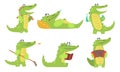 Cute Crocodile Cartoon Character in Different Situations Set, Funny Humanized Reptile Alligator Animal Vector