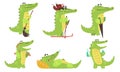 Cute Crocodile Cartoon Character in Different Situations Set, Funny Humanized Reptile Animal Vector Illustration Royalty Free Stock Photo