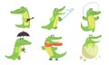 Cute Crocodile Cartoon Character Set, Funny Humanized Reptile Alligator Animal Different Activities Vector Illustration