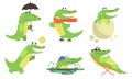 Cute Crocodile Cartoon Character Set, Funny Humanized Reptile Animal Different Activities Vector Illustration Royalty Free Stock Photo