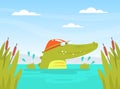 Cute Crocodile Character in Cap Swimming in Pond Cartoon Vector Illustration Royalty Free Stock Photo