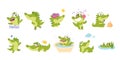 Cute crocodile character with friends set, funny animation of adorable baby alligator