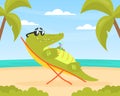 Cute Crocodile Character Sitting on Wooden Chair near the Sea on the Beach Cartoon Vector Illustration