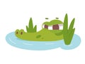 Cute crocodile character swimming in tropical swamp with cane, angry and hungry alligator Royalty Free Stock Photo