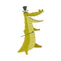 Cute Crocodile Character Walking with Cane and Top Hat Vector Illustration