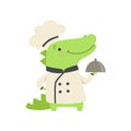 Cute crocodile in chef uniform holding silver cloche, cartoon animal character cooking vector Illustration on a white